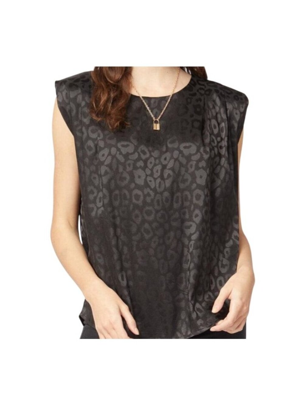 Entro Blouse Size Large Pleated Front Keyhole Back Leopard Animal Print Black